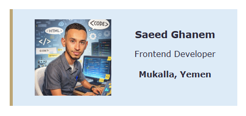 A digital personal business card with a warm brown and yellow color scheme. It features an anime-style profile picture, a greeting saying 'Hi, my name is Saeed', and a 'Fun facts' section. The card includes interactive elements like a LinkedIn link, an email newsletter signup, and a language toggle button for Arabic. Built with HTML, CSS, and JS.